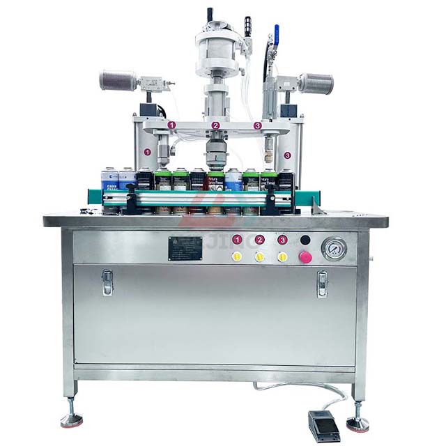 Separa Automatik 3 dalam 1 Pneumatik Udara Segar Aerosol Pengisi Gas Aerosol Can Mengisi Mesin Crimping