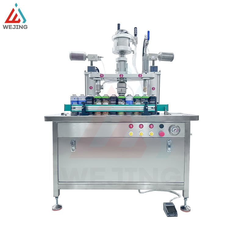 စက်ရုံစိတ်ကြိုက်ပြင်ဆင်ခြင်း Semi Automatic 3 in 1 Aerosol Can Filling Machine Spray Paint Sealing Machine